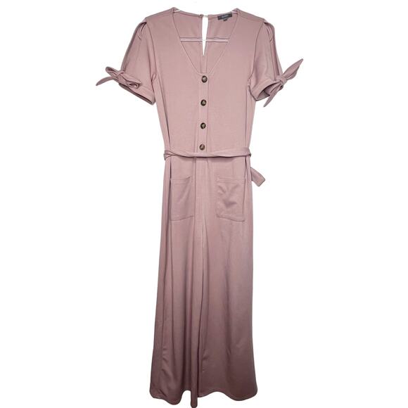 &MERCI Button Front Jumpsuit V-Neck Short Sleeve Belted Wide Leg Pink Size Small - Picture 10 of 10